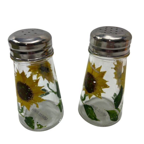 Vintage Sunflower Glass Salt & Pepper Shakers W/ Stainless Steel Lids Hand Wash - Picture 2 of 3